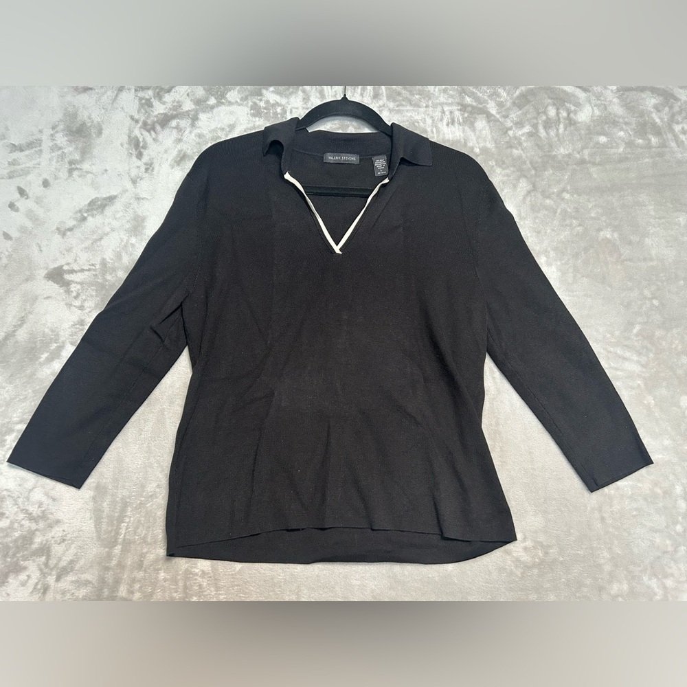 Valerie Stevens Silk Blend Collared V Neck Sweater Women’s Large Black Preppy